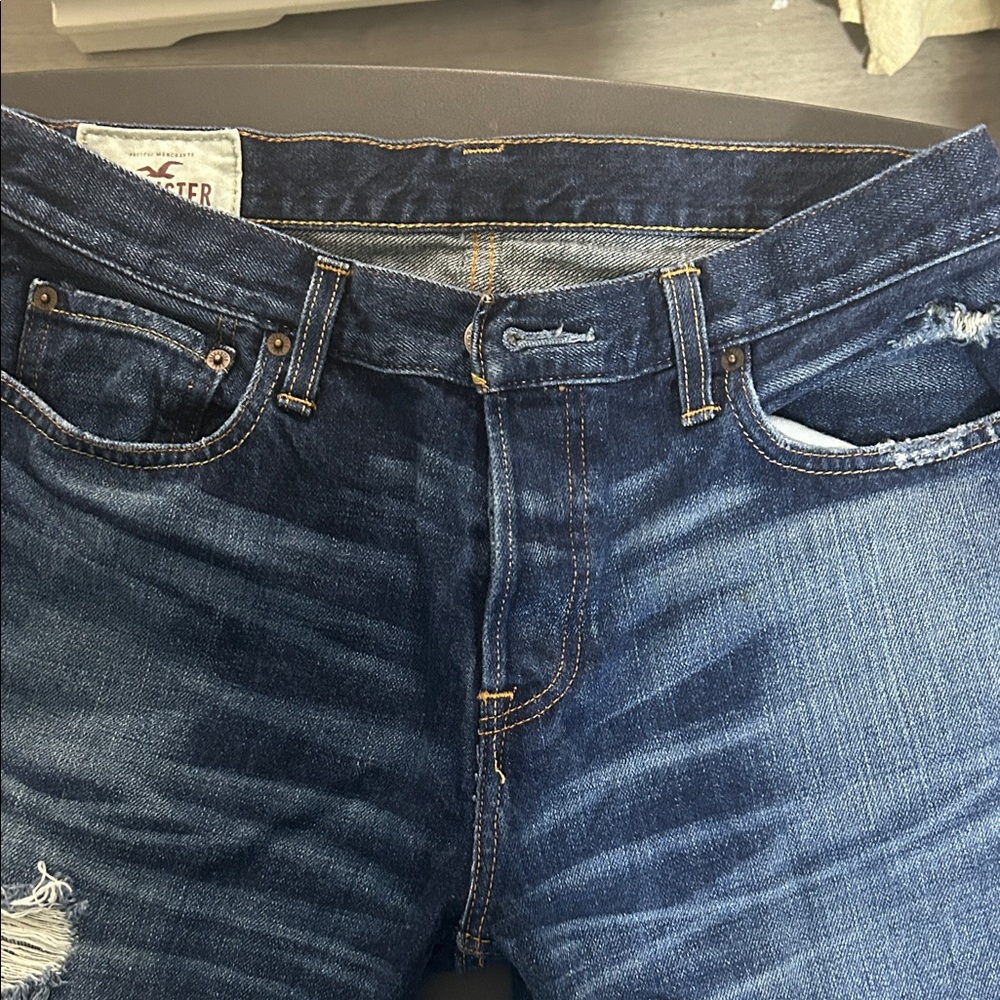 Hollister Men's Dark Blue Distressed Skinny Jeans Button Front